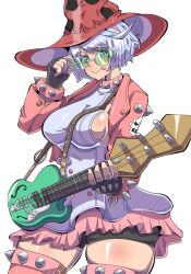 Rule 34 | 1girl, :p, adjusting eyewear, ahoge, bike shorts, black gloves, black shorts, boots, bracelet, breasts, collar, cosplay, dress, electric guitar, elphelt valentine, fingerless gloves, frilled dress, frills, gloves, green-tinted eyewear, green eyes, guilty gear, guilty gear strive, guitar, hairband, hat, highres, holding, holding instrument, huge ahoge, i-no, i-no (cosplay), instrument, jacket, jewelry, large breasts, looking at viewer, pink dress, pink hairband, pink jacket, red headwear, short hair, shorts, sideboob, smile, spiked bracelet, spiked collar, spiked hairband, spikes, takobutter, thigh boots, tinted eyewear, tongue, tongue out, two-tone dress, white dress, white hair, witch hat