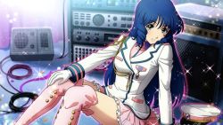 Rule 34 | 1girl, blouse, blue eyes, blue hair, boots, closed mouth, dress shirt, drill hair, frilled skirt, frills, game cg, gloves, hair between eyes, hand on own knee, hat, unworn hat, unworn headwear, jacket, long hair, long sleeves, lynn minmay, macross, military jacket, miniskirt, official art, peaked cap, pink footwear, pink shirt, pink skirt, pleated skirt, shirt, sitting, skirt, smile, solo, sparkle, thigh boots, thighhighs, uta macross sumaho deculture, very long hair, white gloves, white jacket, zettai ryouiki