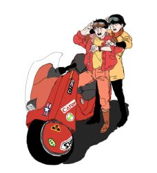 Rule 34 | 1boy, 1girl, akira (manga), back to the future, goggles, goggles on head, jacket, kaneda shoutarou&#039;s bike, kaneda shoutarou (akira), kei (akira), open mouth, pants, red footwear, red jacket, red pants, shadow, short hair, simple background, sticker, tora0820, white background