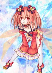 Rule 34 | 1girl, alyn (fairy fencer f), bare shoulders, blush, breasts, choker, collarbone, cross, detached sleeves, fairy fencer f, fairy wings, gradient background, hair ribbon, highres, langley1000, lolita fashion, long sleeves, multicolored hair, open mouth, red eyes, red hair, red skirt, ribbon, sitting, skirt, sleeves past wrists, small breasts, smile, solo, thighhighs, twintails, two-tone hair, white thighhighs, wings