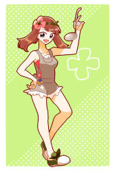 Rule 34 | 1girl, black eyes, breasts, brown hair, cosplay, creatures (company), fang, flower, game freak, green background, hair flower, hair ornament, hibikileon, highres, holding, holding ladle, ladle, mallow (pokemon), mallow (pokemon) (cosplay), may (pokemon), medium breasts, medium hair, nintendo, pokemon, pokemon adventures, pokemon sm, polka dot, polka dot background, shoes, solo, standing, twintails
