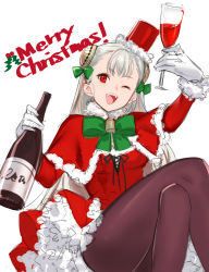 Rule 34 | 1girl, brown pantyhose, capcom fighting jam, champagne bottle, champagne flute, christmas, cup, dress, drinking glass, english text, gloves, grey hair, hairpods, hat, highres, ingrid (capcom), long hair, long sleeves, merry christmas, one eye closed, open mouth, pantyhose, pleated skirt, red dress, red eyes, skirt, solo, teeth, tetsu (kimuchi), top hat, underskirt, white gloves