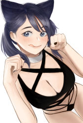 Rule 34 | 1girl, animal ears, azelweien, bikini, black nails, blue eyes, blue hair, blush, breasts, cat ears, choker, cleavage, collarbone, commentary, english commentary, hands up, highres, licking lips, long hair, looking at viewer, medium breasts, nail polish, original, paw pose, sketch, smile, solo, swimsuit, thigh gap, tongue, tongue out, white background