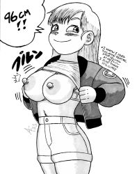 Rule 34 | 1girl, alternate breast size, blush, bouncing breasts, bra, breasts, breasts out, bulma, clothes lift, dragon ball, flashing, highres, jacket, large breasts, monochrome, nipples, open clothes, pulling own clothes, shirt lift, shorts, smile, thighs, underwear, xxxhibiki