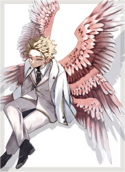 Rule 34 | 1boy, alternate costume, angel wings, barururunru, black footwear, black necktie, blonde hair, boku no hero academia, border, buttons, closed mouth, collared shirt, commentary request, diamond earrings, dress shoes, earrings, facial hair, facial mark, feathered wings, figure four sitting, forked eyebrows, formal, from above, full body, goatee, goatee stubble, gold trim, grey border, hair slicked back, hawks (boku no hero academia), highres, invisible chair, jacket, jacket on shoulders, jewelry, lapels, looking to the side, looking up, male focus, messy hair, midair, multiple wings, necktie, open clothes, open jacket, outside border, pants, partial commentary, red wings, sanpaku, shadow, shawl lapels, shirt, short hair, sideways glance, sitting, smile, solo, stubble, stud earrings, suit, triangle, unbuttoned, unbuttoned sleeves, white background, white jacket, white shirt, wing collar, wings, yellow eyes