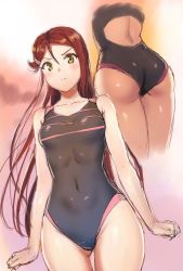 Rule 34 | 10s, 1girl, arms at sides, ass, black one-piece swimsuit, cowboy shot, frown, hair between eyes, hair ornament, hairclip, half updo, kitiroku, long hair, love live!, love live! sunshine!!, multiple views, one-piece swimsuit, red hair, sakurauchi riko, swimsuit, v-shaped eyebrows, yellow eyes