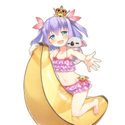 Rule 34 | 1girl, :d, animal, animal on shoulder, aqua eyes, banana, banana boat, barefoot, bikini, bikini skirt, blue eyes, bow, crown, food, frilled bikini, frills, fruit, inflatable toy, koala, light purple hair, looking at viewer, navel, official art, open mouth, outstretched arm, outstretched hand, pink bikini, purple hair, rest and vacation, short hair, smile, solo, straddling, swimsuit, transparent, transparent background, two side up, uchi no hime-sama ga ichiban kawaii, wet