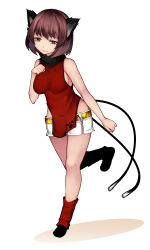 Rule 34 | 1girl, :3, aged up, alternate breast size, alternate costume, animal ears, aoshima, bare arms, bare legs, bare shoulders, black footwear, black scarf, breasts, brown eyes, brown hair, cat ears, cat tail, chen, clenched hand, commentary request, dress, earrings, full body, hand up, highres, jewelry, large breasts, leg warmers, looking at viewer, multiple tails, nekomata, no headwear, paw print, pelvic curtain, red dress, scarf, shoes, short dress, short hair, short shorts, shorts, simple background, sleeveless, sleeveless dress, smile, solo, standing, standing on one leg, tail, thighs, touhou, two tails, white background, white shorts