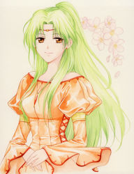Rule 34 | 1girl, agahari, circlet, dress, earrings, elincia ridell crimea, female focus, fire emblem, fire emblem: path of radiance, flower, green hair, jewelry, long hair, long sleeves, necklace, nintendo, orange dress, orange eyes, own hands together, ponytail, princess, simple background, smile, solo, traditional media