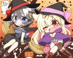 Rule 34 | 10s, 2girls, ;d, alternate costume, black hair, black ribbon, blonde hair, blue eyes, broom, broom riding, chibi, closed mouth, fang, ghost, hair flaps, hair ornament, hair ribbon, hairclip, halloween costume, hat, highres, jako (jakoo21), kantai collection, long hair, multiple girls, one eye closed, open mouth, red eyes, revision, ribbon, shigure (kancolle), short sleeves, smile, witch hat, yuudachi (kancolle)