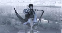Rule 34 | 1girl, ahoge, arknights, arm up, bare legs, bare shoulders, black hair, black shorts, blunt bangs, blurry, blurry foreground, breasts, buckle, crossed legs, expressionless, fingerless gloves, full body, fur trim, gloves, grey eyes, hair ornament, hairclip, holding, holding weapon, infection monitor (arknights), jacket, la pluma (arknights), long coat, looking to the side, mlcc 3190969461, off shoulder, open clothes, outdoors, scythe, shirt, shoes, short hair, short shorts, shorts, sidelocks, sleeveless, sleeveless shirt, small breasts, solo, standing, thigh strap, weapon