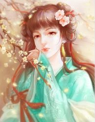Rule 34 | 1girl, branch, brown eyes, brown hair, chinese clothes, chuuho kyouiku, earrings, flower, hair flower, hair ornament, hair ribbon, holding, holding branch, jewelry, long hair, looking at viewer, matching hair/eyes, outdoors, ribbon, solo, summer, wide sleeves