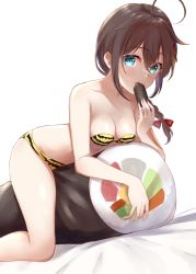 Rule 34 | 1girl, ahoge, all fours, animal print, bare arms, bare shoulders, bed sheet, bikini, blue eyes, bow, braid, breasts, brown hair, cleavage, collarbone, commentary request, ehoumaki, food, hair between eyes, hair bow, hair flaps, hair ornament, hair over shoulder, kantai collection, long hair, looking at viewer, makizushi, mashiro aa, medium breasts, navel, print bikini, red bow, shigure (kancolle), simple background, single braid, solo, sushi, swimsuit, tiger print, white background