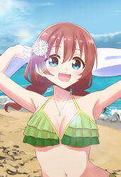 Rule 34 | 1girl, :d, arms up, beach, bikini, blue eyes, blue sky, braid, breasts, brown hair, collarbone, commentary request, emma verde, flower, freckles, frilled bikini top, green bikini, hair flower, hair ornament, highres, holding, holding towel, large breasts, looking at viewer, love live!, love live! nijigasaki high school idol club, medium hair, navel, open mouth, sky, smile, solo, swimsuit, teeth, tera dash, tongue, towel, twin braids, upper teeth only, white flower