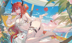 Rule 34 | 1girl, absurdres, apple, arknights, ass, bare legs, bare shoulders, bikini, black bikini, blue sky, blush, bracelet, breasts, collarbone, commentary, criss-cross halter, day, detached sleeves, echj, food, fruit, hair between eyes, hair ornament, halterneck, hammock, highres, horns, jewelry, long hair, looking at viewer, lying, nail polish, ocean, official alternate costume, on side, outdoors, purple eyes, red hair, red nails, see-through, sky, smile, solo, star (symbol), star hair ornament, surtr (arknights), surtr (colorful wonderland) (arknights), swimsuit, thigh strap