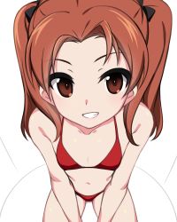 Rule 34 | 1girl, bikini, black bow, bow, brown eyes, brown hair, collarbone, flat chest, girls und panzer, grin, hair bow, kadotani anzu, kuro mushi, long hair, looking at viewer, parted lips, red bikini, sitting, smile, solo, swimsuit, twintails, v arms