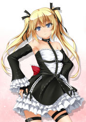 Rule 34 | 1girl, armpits, bare shoulders, black dress, blonde hair, blue eyes, collarbone, dead or alive, dead or alive 5, detached sleeves, dress, female focus, frilled dress, frilled sleeves, frills, hands on own hips, highres, long hair, looking at viewer, marie rose, parted lips, roura, silhouette, solo, standing, thigh strap, twintails