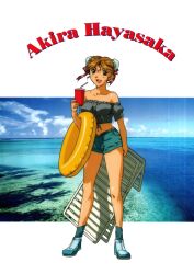 Rule 34 | 1990s (style), 1girl, bare shoulders, beach chair, brown eyes, brown hair, bun cover, casual, character name, cup, day, double bun, drinking straw, full body, hair bun, hayasaka akira, highres, holding, holding chair, holding cup, holding swim ring, innertube, looking at viewer, midriff, navel, non-web source, ocean, official art, open mouth, outdoors, photo background, photoshop (medium), retro artstyle, short hair, short shorts, short sleeves, shorts, solo, standing, strapless, super real mahjong, swim ring, tanaka ryou, water