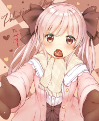 Rule 34 | 1girl, black ribbon, black skirt, blush, brown eyes, brown scarf, candy, catbell, checkered clothes, checkered floor, checkered scarf, chocolate, chocolate heart, coat, food, fringe trim, hair ribbon, heart, long hair, looking at viewer, mittens, mouth hold, original, pink hair, ribbon, scarf, skirt, solo, valentine