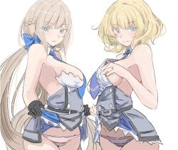 Rule 34 | 2girls, black gloves, blonde hair, blue bow, blue eyes, blue necktie, bow, braid, breasts, clothes lift, colorado (kancolle), detached sleeves, dress, dress lift, french braid, gloves, grey dress, grey panties, hair bow, highres, kantai collection, ken (shutenndouji1), large breasts, lifted by self, low twintails, maryland (kancolle), multiple girls, necktie, panties, short hair, sideboob, sleeveless, sleeveless dress, twintails, underwear