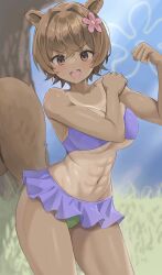 1girl abs absurdres animal_ears bikini blue_bikini breasts brown_eyes brown_hair flower grass hair_flower hair_ornament highres large_breasts looking_at_viewer navel one-piece_tan open_mouth outdoors personification pink_flower raccoon_ears raccoon_girl raccoon_tail sandy_cheeks shengtian short_hair solo spongebob_squarepants_(series) standing swimsuit tail tan tanline tree