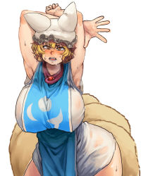 Rule 34 | 1girl, animal ears, animal hat, armpits, arms behind head, arms up, blonde hair, blush, breasts, bright pupils, chanta (ayatakaoisii), curvy, dress, fox ears, fox tail, hanging breasts, hat, highres, huge breasts, looking at viewer, mob cap, multiple tails, see-through, short hair, simple background, solo, standing, sweat, tabard, tail, thick thighs, thighs, touhou, wet, white background, wide hips, yakumo ran, yellow eyes