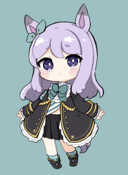 Rule 34 | 1girl, animal ears, black footwear, black jacket, black skirt, blush stickers, boots, bow, chibi, closed mouth, commentary request, ear ribbon, full body, green background, green bow, green ribbon, green socks, highres, horse ears, horse girl, horse tail, jacket, long sleeves, looking at viewer, mejiro mcqueen (umamusume), nozo (hitomiz), pleated skirt, purple eyes, purple hair, ribbon, short eyebrows, simple background, skirt, sleeves past wrists, socks, solo, standing, tail, thick eyebrows, umamusume