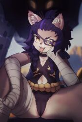Rule 34 | 1girl, :3, absurdres, animal ear fluff, animal ears, animal nose, arm wrap, artist name, bandaged leg, bandages, black leotard, blurry, blurry background, body fur, braid, breasts, brown fur, cameltoe, cape, cat ears, cat girl, clothing cutout, commission, earrings, eyepatch, fangs, female focus, forehead, furry, furry female, hair ornament, hair stick, hair tie, hand on own cheek, hand on own face, happy, head rest, highres, jewelry, leotard, long hair, looking at viewer, multicolored hair, navel, navel cutout, omeki, one eye covered, open mouth, original, partially visible vulva, purple hair, sharp teeth, sidelocks, signature, sitting, small breasts, smile, solo, spread legs, streaked hair, teeth, thick thighs, thighs, tongue, tongue out, twin braids, two-tone fur, two-tone hair, v-shaped eyebrows, white fur, yellow eyes