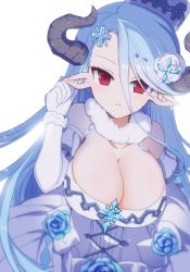 Rule 34 | 10s, 1girl, bad id, bad pixiv id, bare shoulders, blue hair, breasts, cleavage, draph, dress, elbow gloves, gloves, granblue fantasy, horns, huge breasts, izmir, long hair, looking at viewer, nachisuke (nachi comic), pointy ears, red eyes, simple background, solo, white background, white gloves
