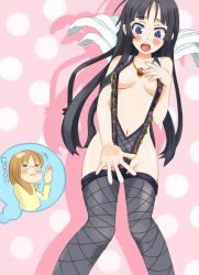 Rule 34 | :3, akiyama mio, bare shoulders, black hair, blush, breasts, covering privates, feathers, fishnets, glasses, jewelry, k-on!, long hair, navel, necklace, open mouth, purple eyes, surprised, teacher, thighhighs, thumbs up, yamanaka sawako