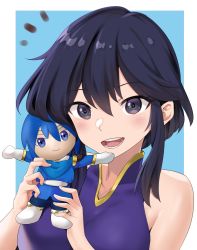 Rule 34 | 1girl, :d, black hair, blue hair, blush, character doll, commission, commissioner upload, hugging doll, fire emblem, fire emblem: genealogy of the holy war, fire emblem heroes, highres, holding, igni tion, larcei (fire emblem), looking at viewer, nintendo, hugging object, open mouth, seliph (fire emblem), short hair, simple background, smile, solo, stuffed toy, teeth