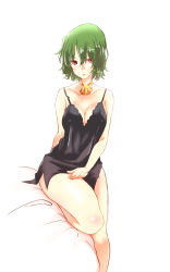 Rule 34 | 1girl, ascot, bad id, bad pixiv id, breasts, chemise, cleavage, collarbone, covered erect nipples, green hair, hand on own thigh, hand on thigh, highres, kazami yuuka, lips, medium breasts, non (z-art), on bed, parted lips, red eyes, sitting, solo, thighs, touhou