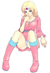 Rule 34 | 1980s (style), 1girl, :d, ankh, blonde hair, blue eyes, blush, boots, breasts, cleavage, female focus, full body, headband, large breasts, long hair, oldschool, open mouth, panties, pantyshot, retro artstyle, simple background, sister (ultima iii), sitting, skirt, smile, solo, tokisige, ultima iii: exodus, ultima kyoufu no exodus, underwear, white background, white panties