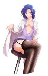 Rule 34 | 1girl, blue hair, breasts, breasts apart, character request, crossed legs, fishnet thighhighs, fishnets, garter straps, highres, jewelry, lab coat, nail polish, necklace, open clothes, open shirt, pendant, purple eyes, scalpel, shirt, short hair, simple background, sitting, skirt, solo, tadashii kodomo no tsukuri kata!, thighhighs, toto. (nahanahasai), unbuttoned, white background