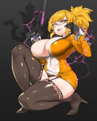 Rule 34 | 1girl, alexandra of resonance, black background, black gloves, black panties, black thighhighs, blonde hair, boots, breasts, center opening, covered navel, dress, electricity, energy, garter straps, glaring, glasses, gloves, gun, handgun, high heel boots, high heels, high ponytail, highres, huge breasts, impossible clothes, impossible dress, last origin, lips, long hair, long sleeves, looking at viewer, microdress, on one knee, panties, parted lips, pinkboy, purple electricity, semi-rimless eyewear, shiny clothes, skin tight, swept bangs, thigh boots, thighhighs, trigger discipline, under-rim eyewear, underwear, weapon, yellow eyes