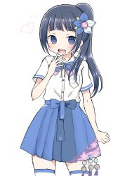 1girl :d aoi_ch. bad_id bad_twitter_id black_hair blue_bow blue_bowtie blue_eyes blue_skirt blush bow bowtie breast_pocket collared_shirt commentary cowboy_shot dress_shirt female_focus fingernails floral_print fuji_aoi hand_to_own_mouth heart long_hair looking_at_viewer open_mouth pleated_skirt pocket print_skirt shika_(s1ka) shirt short_sleeves side_ponytail sidelocks simple_background skirt smile solo teeth thighhighs upper_teeth_only virtual_youtuber white_background white_shirt