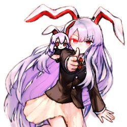 Rule 34 | 1girl, absurdres, animal ears, black jacket, blazer, collared shirt, commentary request, fumo (doll), glowing, glowing eye, highres, jacket, long hair, long sleeves, natucurage, necktie, pink skirt, pointing, pointing at viewer, rabbit ears, rabbit girl, red eyes, red necktie, reisen udongein inaba, shirt, simple background, skirt, solo, touhou, twitter username, very long hair, white background, white shirt