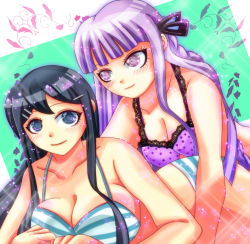 Rule 34 | 2girls, ass, bare arms, black bow, black ribbon, blue bra, blue eyes, blue hair, blue stripes, blush, bow, bra, breasts, cleavage, collarbone, danganronpa: trigger happy havoc, danganronpa (series), ears, eyebrows hidden by hair, eyelashes, female focus, green background, hair bow, hair ornament, hair ribbon, hairclip, hug, kirigiri kyoko, lace, lace bra, lace trim, large breasts, legs, looking at another, looking at viewer, lying, lying on person, maizono sayaka, matching outfits, matching underwear, multicolored background, multicolored bra, multicolored clothes, multiple girls, on stomach, panties, patterned background, pink background, purple bra, purple eyes, purple hair, ribbon, shiny skin, simple background, smile, sparkle, striped bra, striped clothes, striped panties, thighs, underwear, white background, white bra, white stripes, yuri