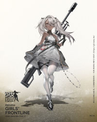 Rule 34 | 1girl, anti-materiel rifle, arm tattoo, artist request, barcode, barcode tattoo, black bow, black footwear, black gloves, bolt action, bow, braid, breasts, character name, closed mouth, commentary request, copyright name, dress, floor, french braid, girls&#039; frontline, gloves, grey eyes, grey hair, gun, gun on back, hair bow, hair ornament, hairband, hairclip, highres, hs.50 (girls&#039; frontline), long hair, looking at viewer, official art, pantyhose, rifle, shoes, simple background, small breasts, sniper rifle, solo, standing, steyr hs .50, tattoo, thighs, twintails, weapon, weapon on back, white dress, white pantyhose