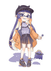 Rule 34 | 1girl, 8 nana usagi, bandaid, bandaid on leg, black hat, black skirt, candy, fang, food, full body, gradient hair, grin, hat, highres, holding, holding candy, holding food, holding lollipop, hololive, hololive english, inkling, inkling player character, jacket, jacket partially removed, lollipop, looking at viewer, multicolored hair, ninomae ina&#039;nis, nintendo, orange jacket, pleated skirt, pointy ears, purple hair, shadow, shirt, skirt, sleeveless, smile, splatoon (series), striped clothes, striped shirt, takodachi (ninomae ina&#039;nis), tentacle hair, vertical-striped clothes, vertical-striped shirt, virtual youtuber, white shirt