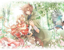 Rule 34 | 1boy, 1girl, animal ears, artist name, bandages, bandaged wrist, bandages, bishounen, blonde hair, blue shirt, brown cloak, brown hair, cloak, colored eyelashes, cowboy shot, daisy, day, expressionless, closed eyes, flower, forest, hair blowing, holding hands, hood, hood down, hooded cloak, little red riding hood, little red riding hood (grimm), long hair, long sleeves, looking at viewer, nature, original, outdoors, pants, parted lips, petticoat, pink skirt, red eyes, red shawl, ruyi (regalia1020), shawl, shirt, skirt, sleeves pushed up, standing, tree, twintails, underbust, untucked shirt, very long hair, white pants, white shirt, wind, wind lift, wolf boy, wolf ears
