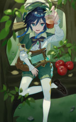 Rule 34 | 1boy, absurdres, alcohol, androgynous, apple, argyle, argyle clothes, argyle legwear, beret, black hair, blue hair, bow, braid, branch, brooch, cape, collared cape, collared shirt, commentary request, corset, crossed legs, cup, feathers, flower, food, frilled sleeves, frills, fruit, gem, genshin impact, gradient hair, grass, green eyes, green hat, green shorts, hair flower, hair ornament, hat, highres, holding, holding cup, holding instrument, in tree, instrument, jewelry, leaf, long sleeves, looking at viewer, lyre, male focus, multicolored hair, open mouth, outdoors, pantyhose, shirt, shoes, short hair with long locks, shorts, sitting, sitting in tree, smile, solo, syouko jiaozijun, tree, twin braids, venti (genshin impact), vision (genshin impact), white flower, white pantyhose, white shirt