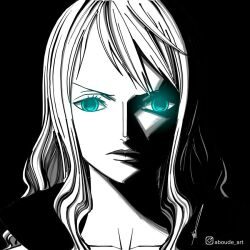 Rule 34 | 1girl, aboude art, black background, blue eyes, close-up, closed mouth, commentary, facing viewer, greyscale, instagram logo, instagram username, limited palette, long hair, looking at viewer, monochrome, nico olvia, one piece, partially colored, portrait, sidelighting, signature, simple background, solo, swept bangs