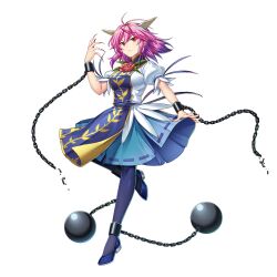 Rule 34 | 1girl, aqua skirt, black footwear, breasts, chain, closed mouth, cuffs, fingernails, flower, full body, game cg, high heels, highres, horns, ibaraki douji&#039;s arm, ibaraki kasen, long fingernails, looking at viewer, medium breasts, pink eyes, pink hair, puffy short sleeves, puffy sleeves, red flower, red nails, ribbon-trimmed skirt, ribbon trim, rotte (1109), shackles, sharp fingernails, shirt, short hair, short sleeves, simple background, skirt, solo, tabard, third-party source, touhou, touhou lostword, white background, white shirt