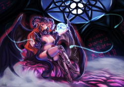 Rule 34 | armor, aura, blonde hair, breasts, demon wings, earrings, energy, fingernails, full moon, glowing, horns, jewelry, large breasts, legs, crossed legs, long fingernails, long hair, moon, night, orange hair, original, pointy ears, qblade, revealing clothes, sitting, solo, thigh strap, wings