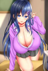 Rule 34 | 1girl, blue eyes, blue hair, blush, breasts, classroom, cleavage, collarbone, commentary request, desk, fujimiya yahiro, hair ornament, hairclip, highres, huge breasts, leaning forward, long hair, looking at viewer, looking back, original, parted lips, raised eyebrows, skirt, smile, solo, sunlight, very long hair