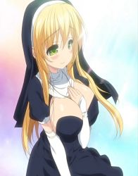 Rule 34 | 10s, blonde hair, blush, breasts, detached sleeves, huge breasts, long hair, love colon, nun, screencap, smile, stitched, third-party edit