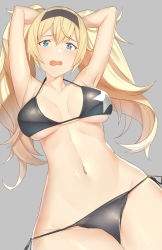 Rule 34 | 1girl, arms behind head, bad id, bad pixiv id, bikini, black bikini, black hairband, blonde hair, blue eyes, blush, breasts, gambier bay (kancolle), grey background, hairband, highres, kantai collection, large breasts, looking at viewer, navel, open mouth, pallad, simple background, solo, swimsuit, twintails