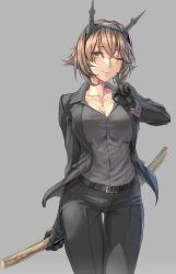 Rule 34 | 1girl, ;), alternate costume, belt, belt buckle, black gloves, black jacket, black pants, breasts, brown hair, buckle, cleavage, collared shirt, cowboy shot, finger to cheek, formal, gloves, green eyes, grey background, grey shirt, headgear, highres, holding, holding sword, holding weapon, jacket, jewelry, kantai collection, kokuzou, large breasts, long sleeves, mutsu (kancolle), necklace, one eye closed, open clothes, open jacket, pants, shirt, short hair, simple background, smile, solo, suit, sword, thigh gap, unbuttoned, weapon, wooden sword