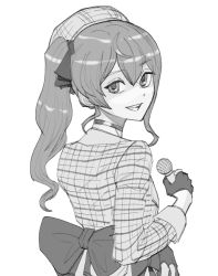 Rule 34 | 1girl, beret, blueharedraws, bow, commentary, english commentary, from behind, gloves, greyscale, hair between eyes, hat, holding, holding microphone, hololive, hoshimachi suisei, hoshimachi suisei (1st costume), microphone, monochrome, open mouth, partially fingerless gloves, plaid, plaid headwear, plaid skirt, side ponytail, skirt, smile, solo, virtual youtuber, white background